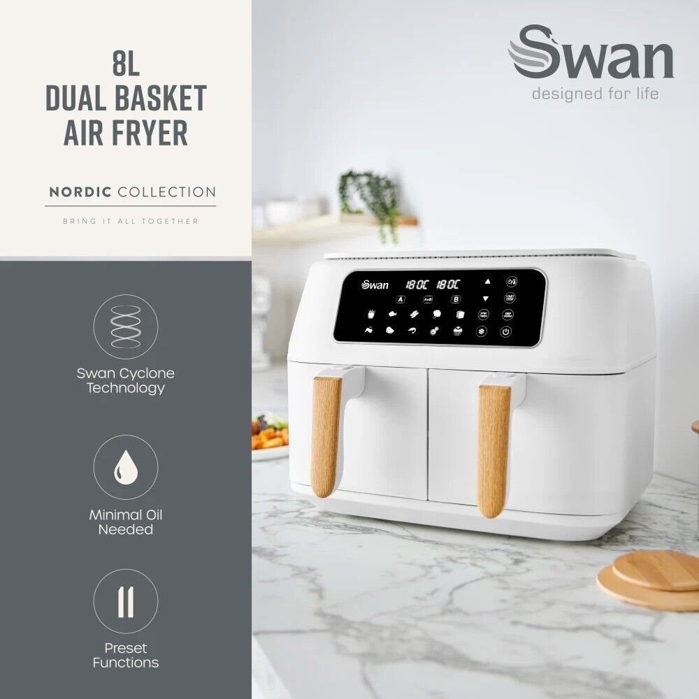 Swan Nordic White 1.7L Jug Kettle, 4 Slice Toaster & 8L Dual Basket 13-in-1 Air Fryer Matching Set