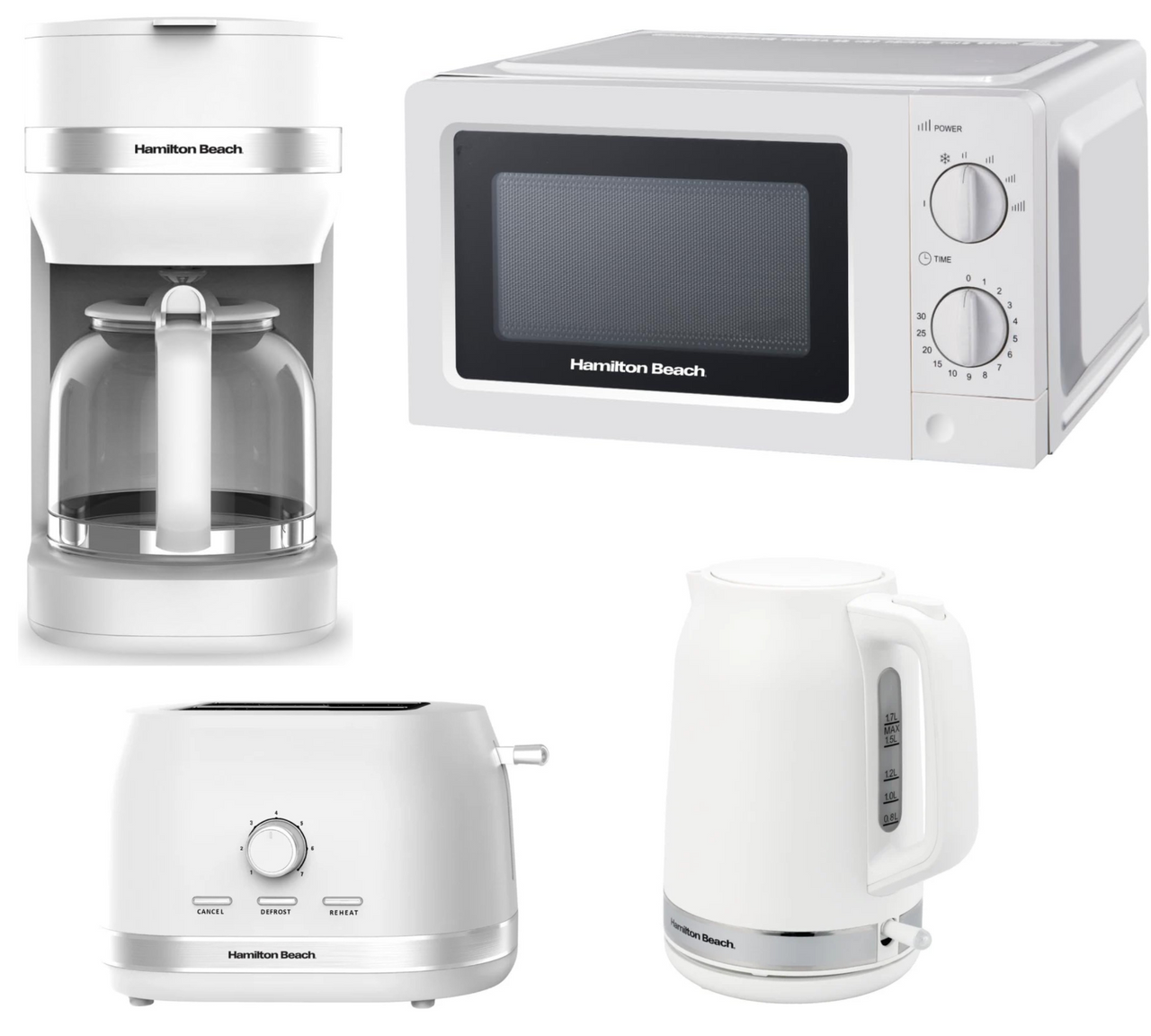 Hamilton Beach Ella 1.7L Kettle, 2 Slice Toaster, 700W 20L Microwave & 1.5L Filter Coffee Machine. Modern Matching Set in Matte White