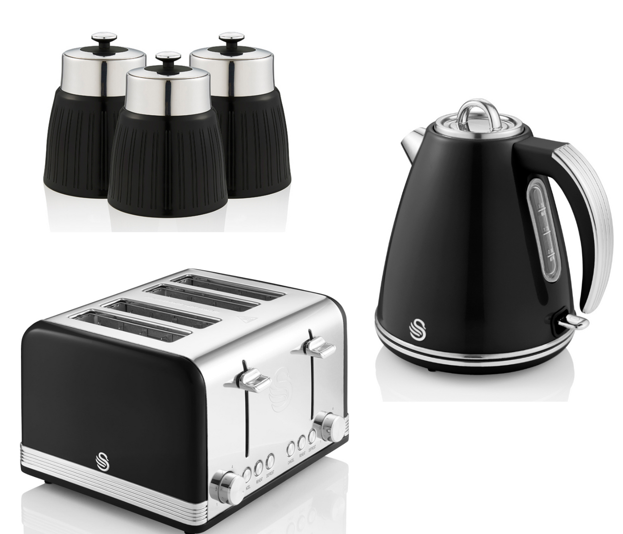 Swan Retro 1.5L 3KW Retro Jug Kettle, 4 Slice Toaster, Tea Coffee & Sugar Canisters Matching Kitchen Set in Black