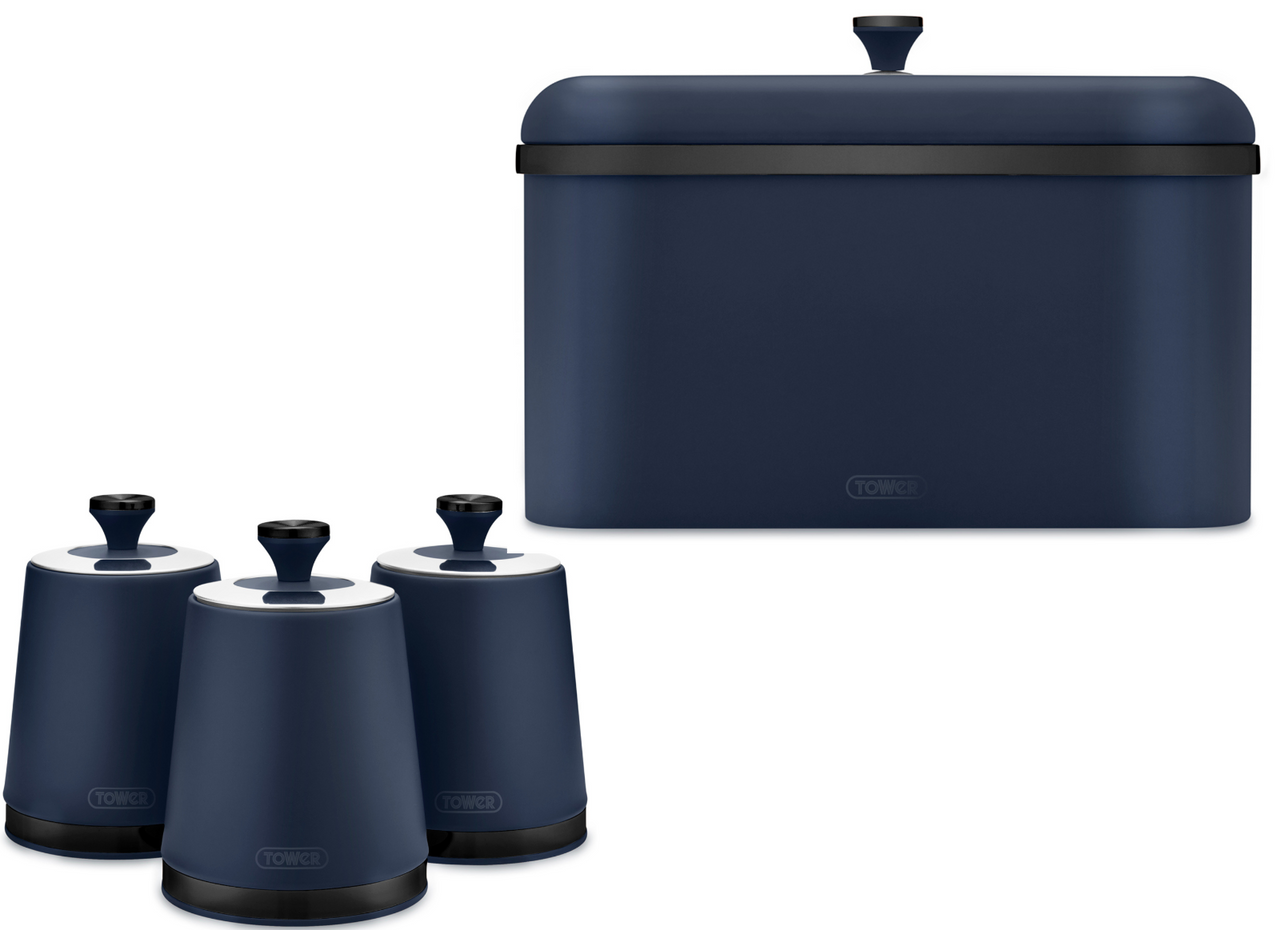 Tower Sera Breadbin & Set of 3 Canisters Matching Kitchen Storage Set in Midnight Blue with Black Smoked Trim