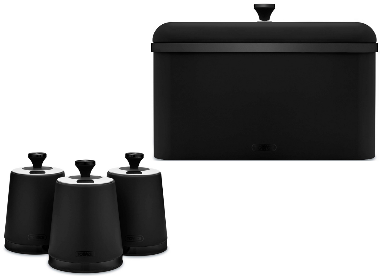 Tower Sera Breadbin & Tea Coffee Sugar Canisters Matching Kitchen Storage Set in Black with Smoked Black Trim