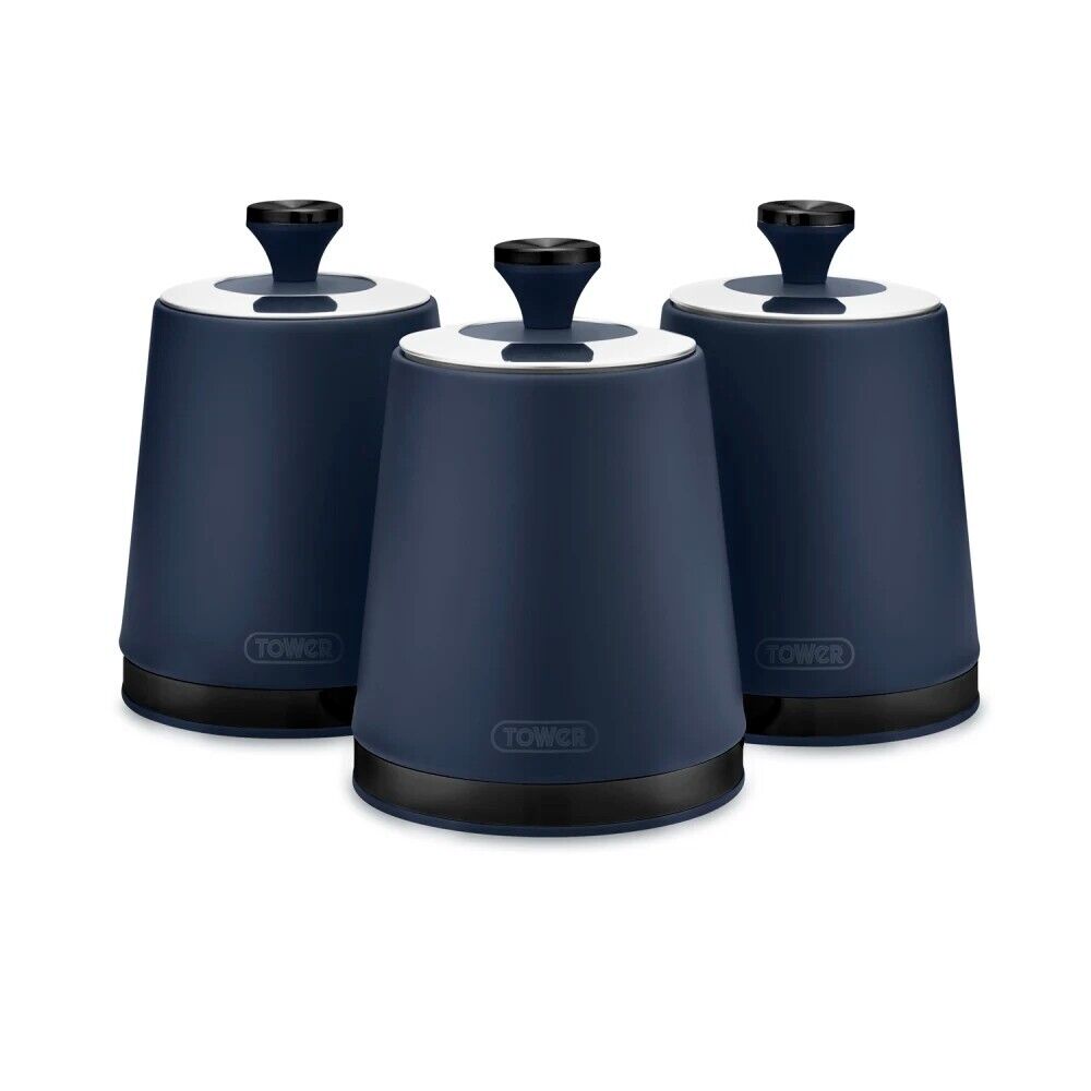 Tower Sera Tea Coffee Sugar Canisters Set in Midnight Blue with Black Smoked Trim