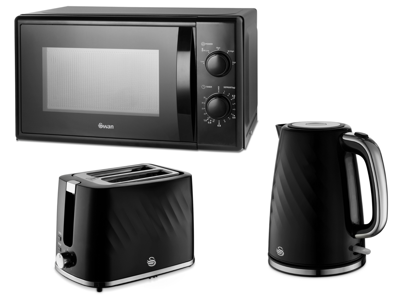 Swan Windsor Black 1.7L 3KW Kettle, 2 Slice Toaster & 700W 20L Manual Microwave Matching Set