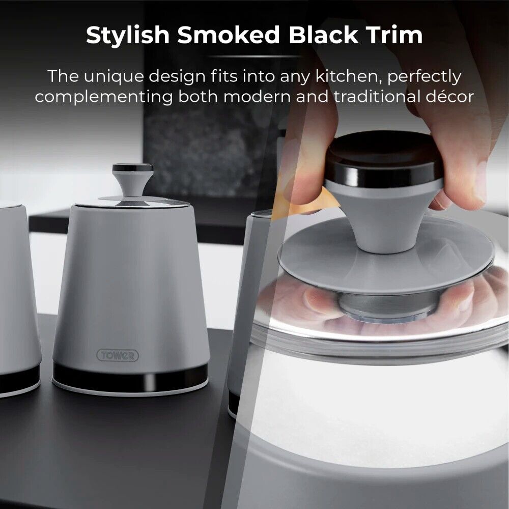 Tower Sera Tea Coffee Sugar Canisters Kitchen Storage Set in Grey with Black Smoked Trim