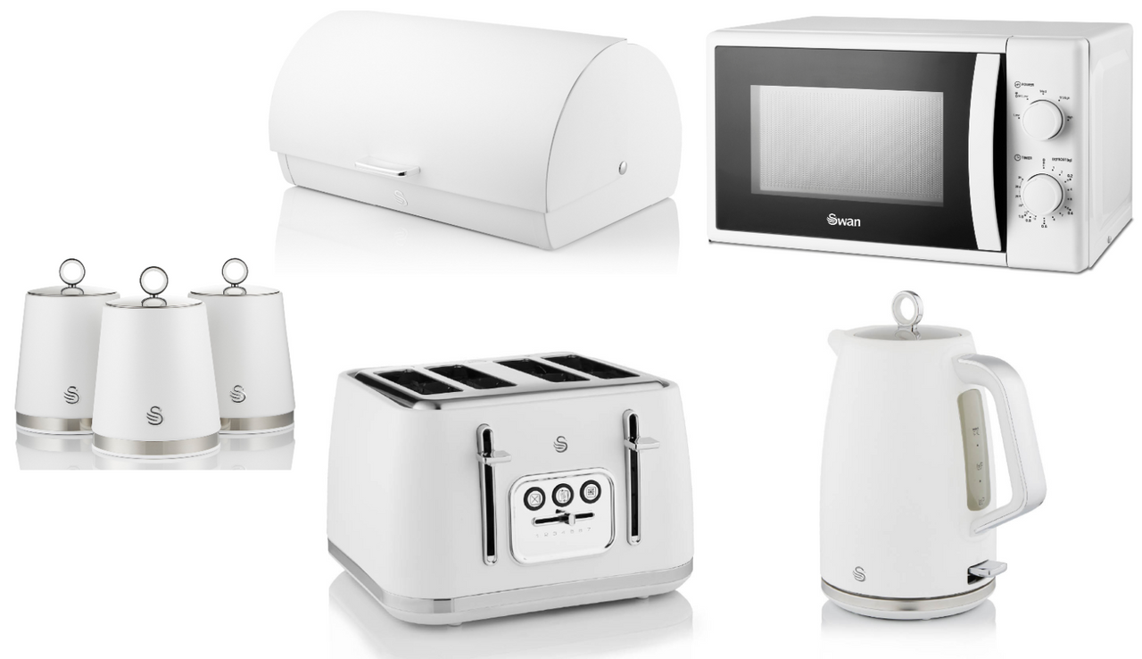 Swan Serenity White 1.7L 3KW Kettle, 4 Slice Toaster, Bread Bin, Canisters and 20L 700W Manual Microwave Kitchen Set of 7