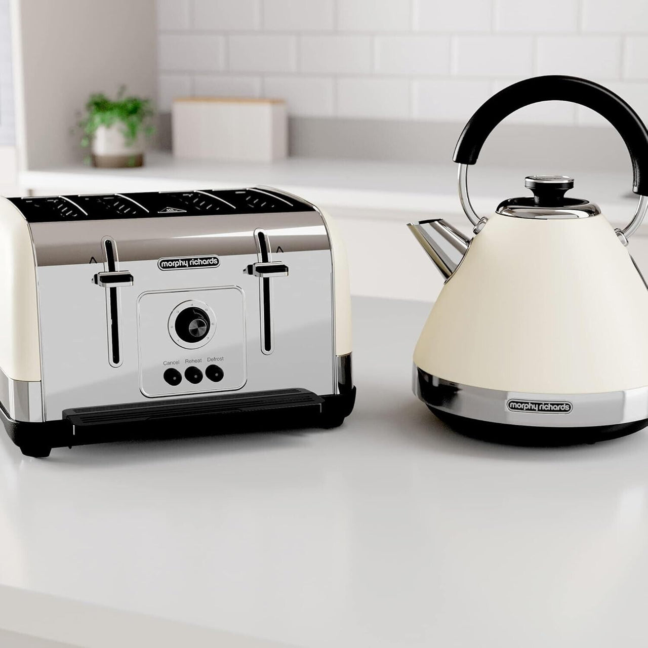 Morphy Richards Venture Cream Pyramid Kettle & 4 Slice Toaster Matching Set