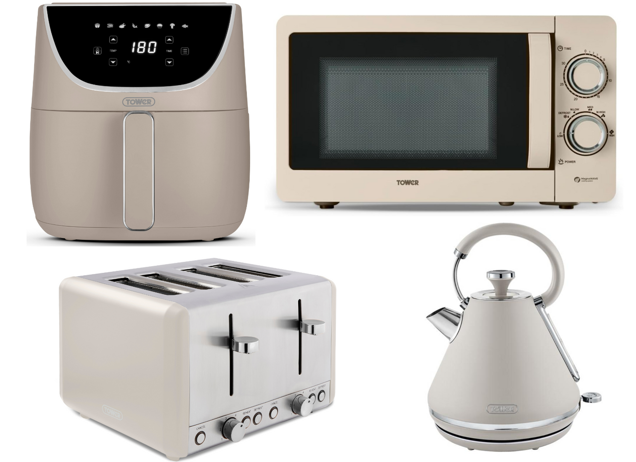 Tower Cavaletto Latte 1.7L 3KW Pyramid Kettle, 4 Slice Toaster, 800W 20L Manual Microwave & 6L Digital Air Fryer. Contemporary Matching Kitchen Set