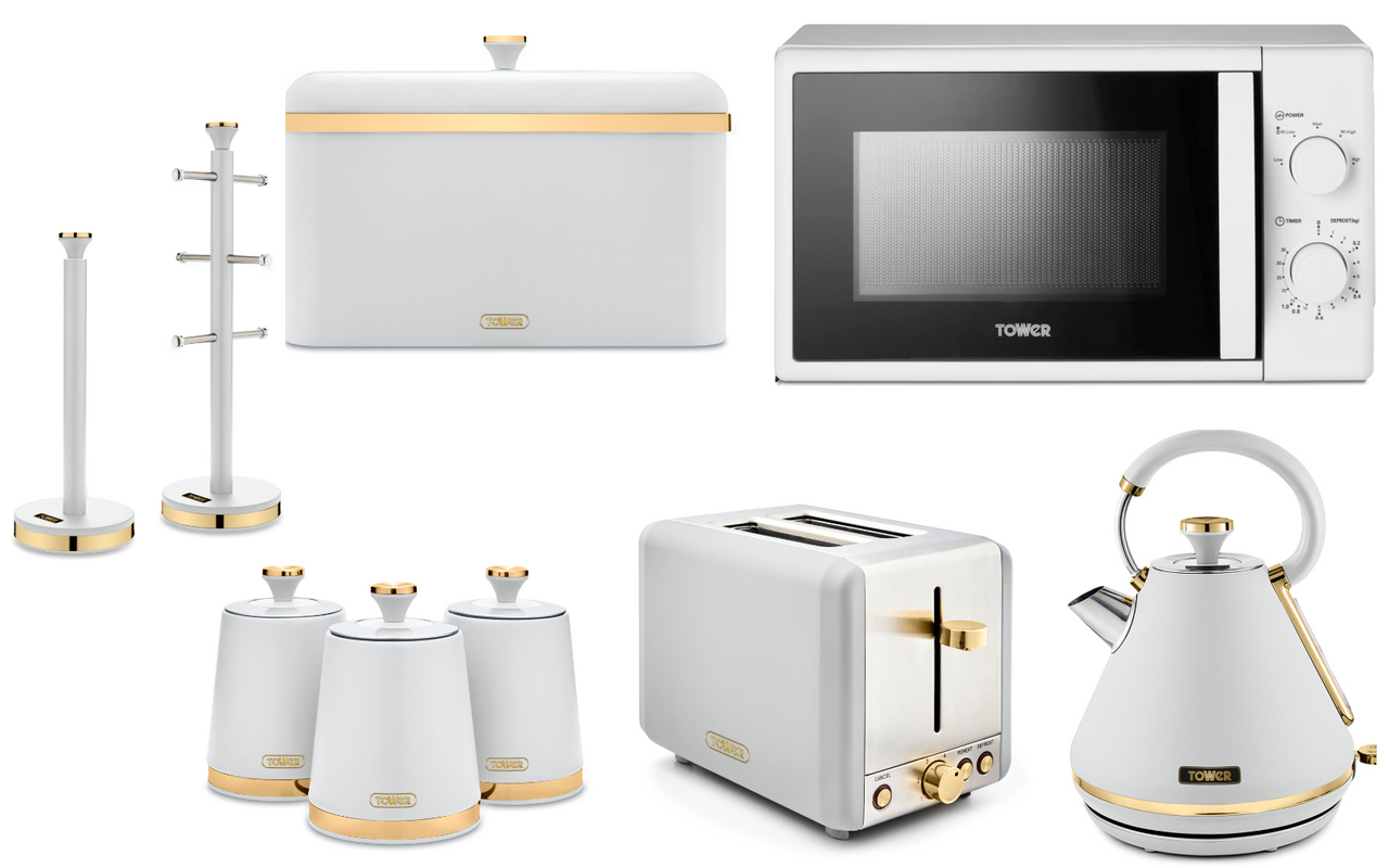 Tower Cavaletto White 1.7L 3KW Pyramid Kettle, 2 Slice Toaster, 20L 800W Microwave, Bread Bin, Canisters, Mug Tree & Towel Pole. Matching Set of 9