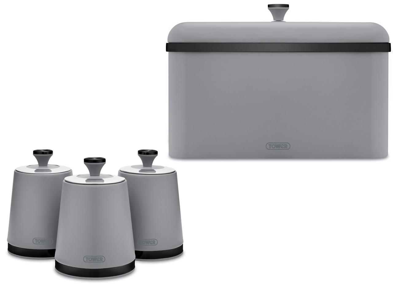 Tower Sera Breadbin & Tea Coffee Sugar Canisters Matching Kitchen Storage Set in Grey with Smoked Black Trim