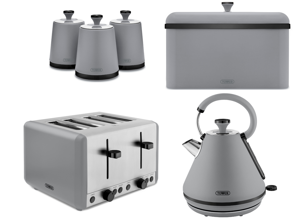 Tower Sera Grey 1.7L 3KW Pyramid Kettle, 4 Slice Toaster, Breadbin & Canisters Matching Set