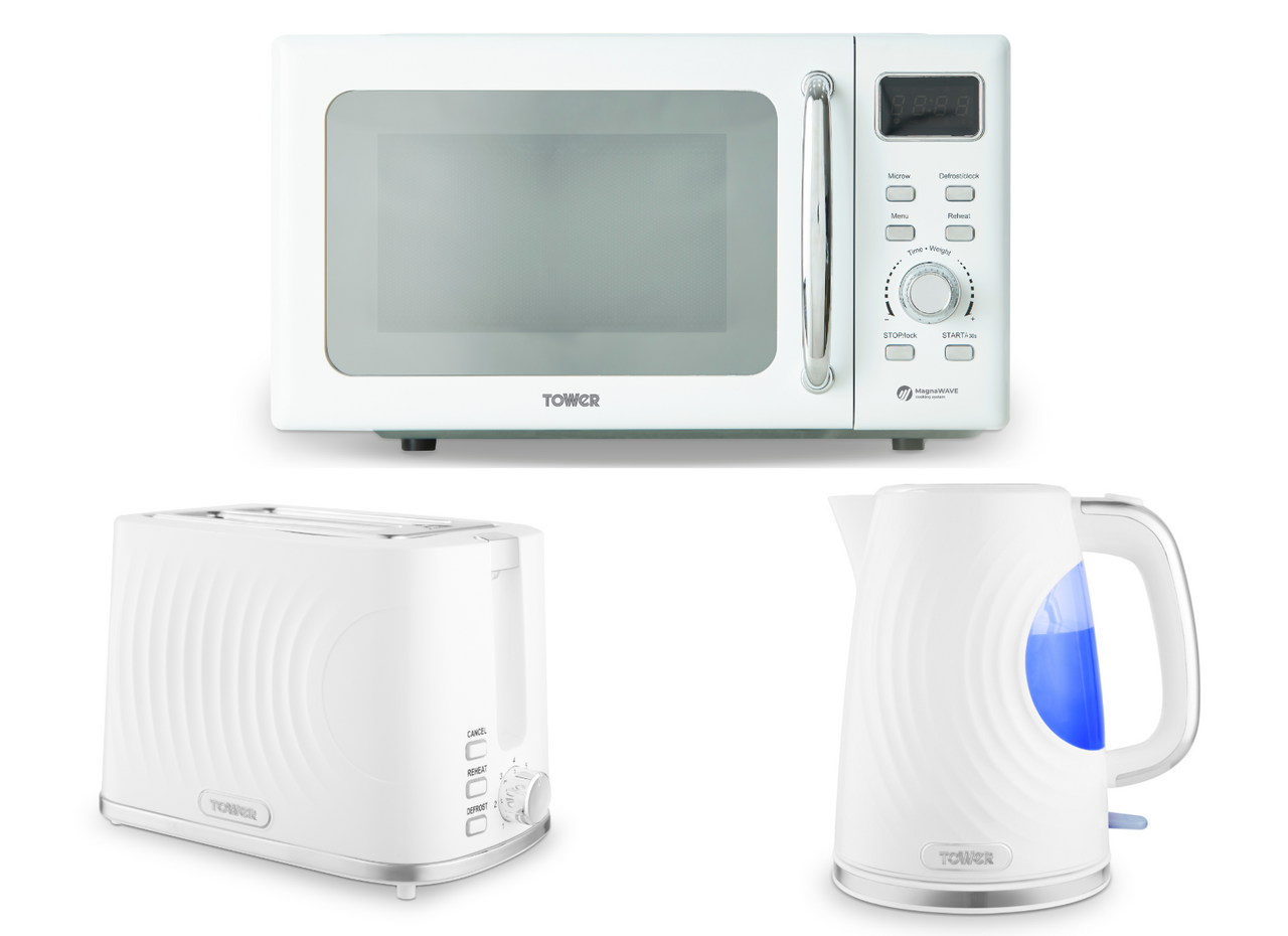 Tower Sonar White 1.7L 3KW Kettle, 2 Slice Toaster & 800W 20L Digital Microwave Matching Set