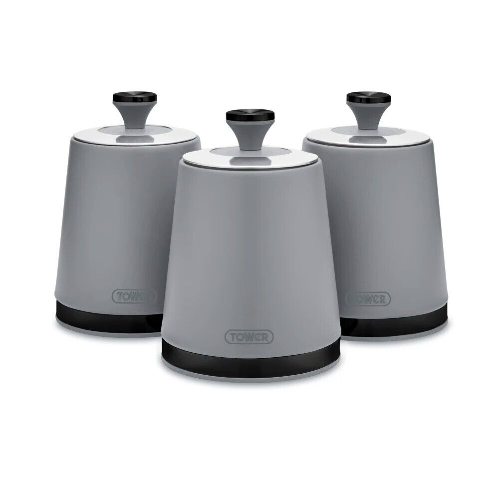 Tower Sera Tea Coffee Sugar Canisters Kitchen Storage Set in Grey with Black Smoked Trim