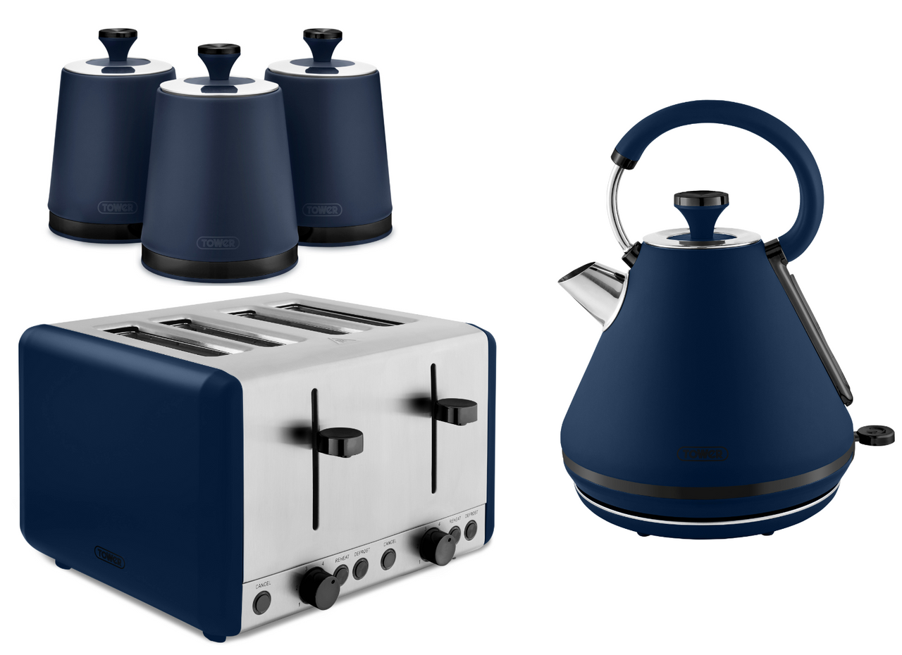 Tower Sera 1.7L 3KW Pyramid Kettle, 4 Slice Toaster & Tea, Coffee, Sugar Canisters Matching Set in Midnight Blue with Smoked Black Trim