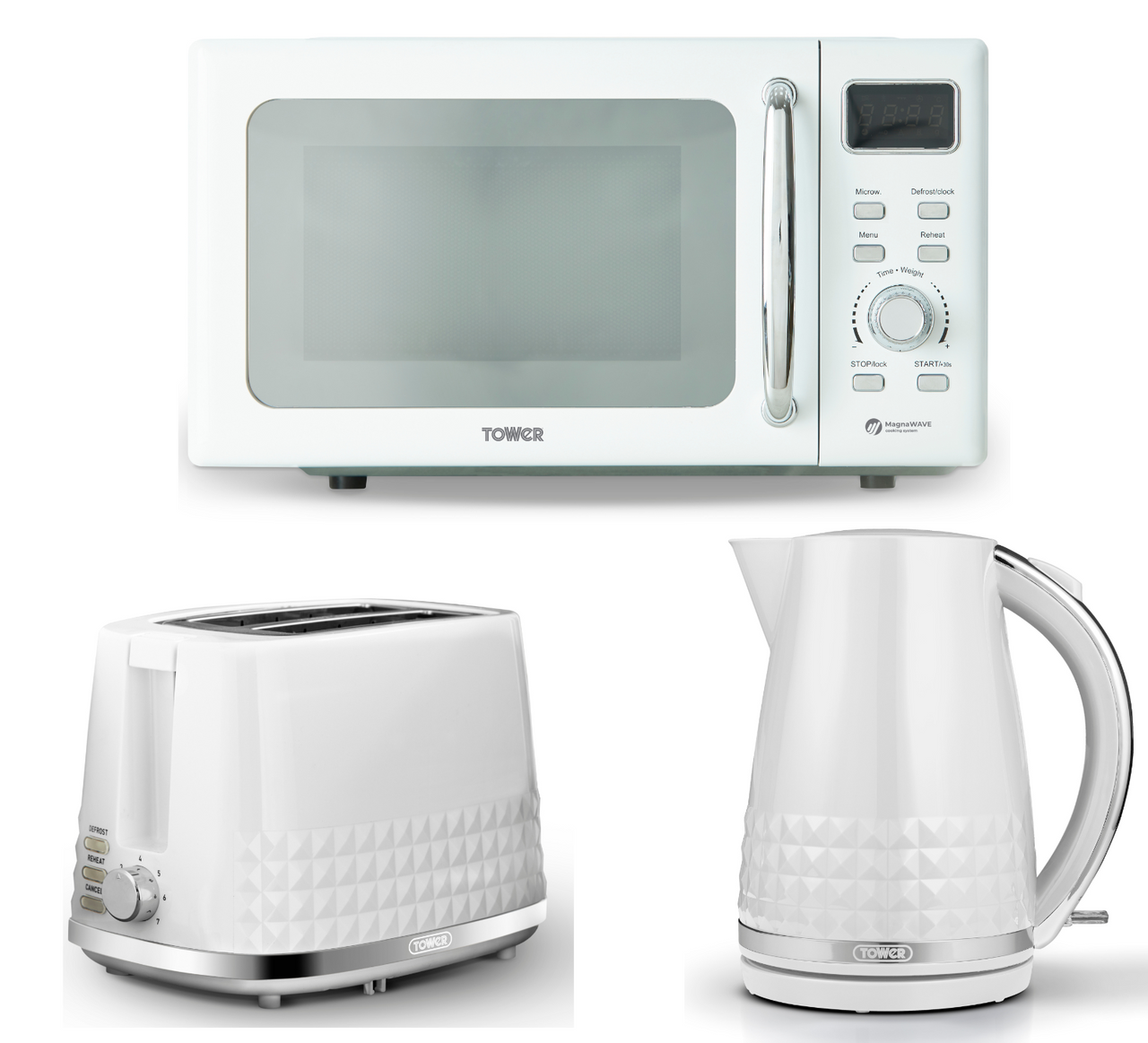 Tower Solitaire White 3KW 1.5L Kettle, 2 Slice Toaster & T24041WHT Digital Microwave Set