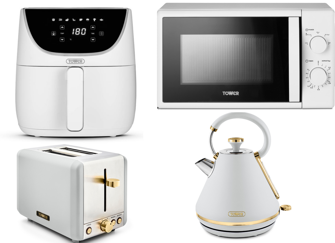 Tower Cavaletto White 1.7L 3KW Pyramid Kettle, 2 Slice Toaster, T24034WHT 700W 20L Manual Microwave & T17127WHT Vortx Air Fryer Matching Set