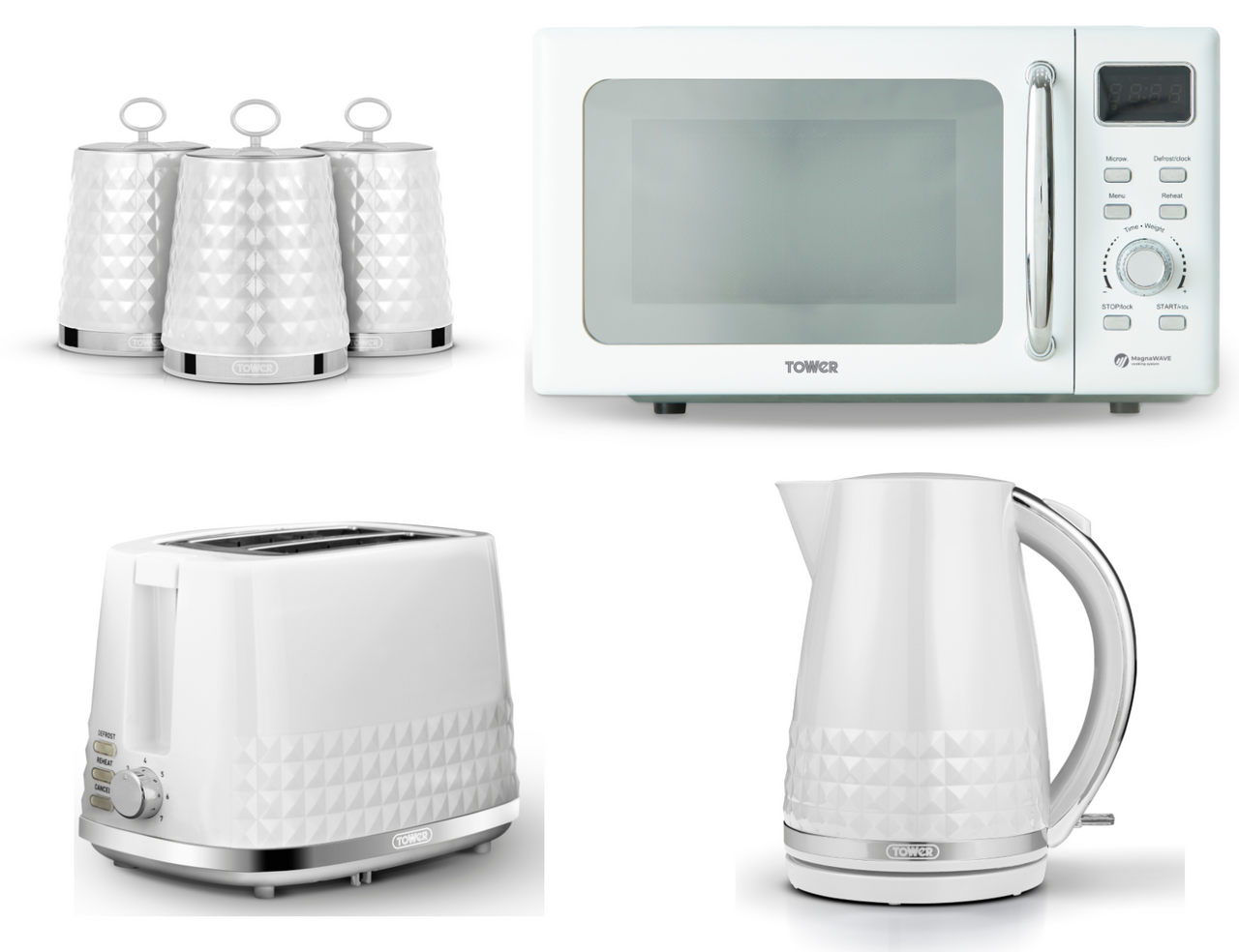 Tower Solitaire White 1.5L 3KW Kettle, 2 Slice Toaster, T24041WHT 800W 20L Digital Microwave & Canisters Matching KitchenSet