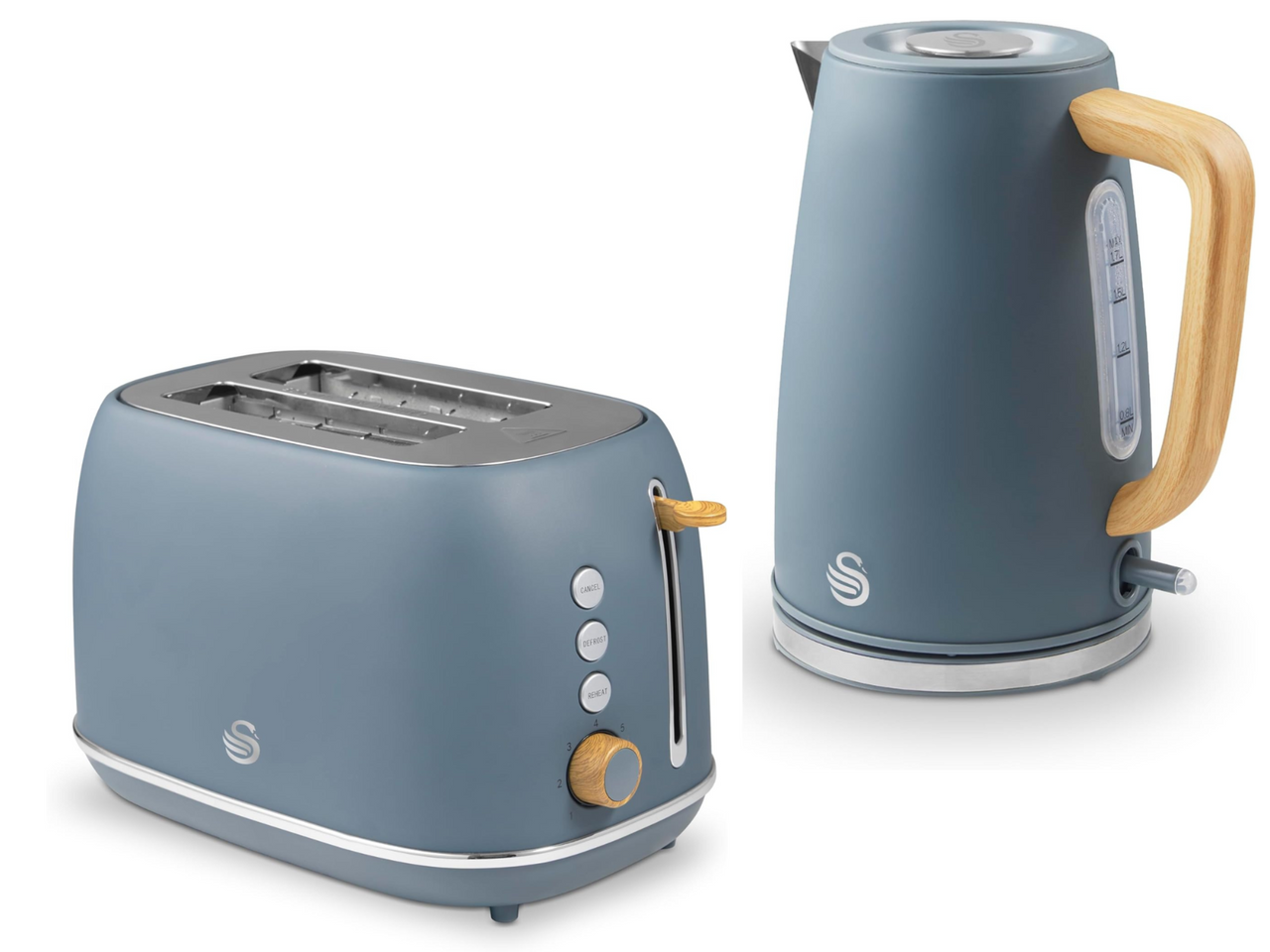 Swan Fjord 1.7L Jug Kettle & 2 Slice Toaster Set in Grey with Wooden Accents