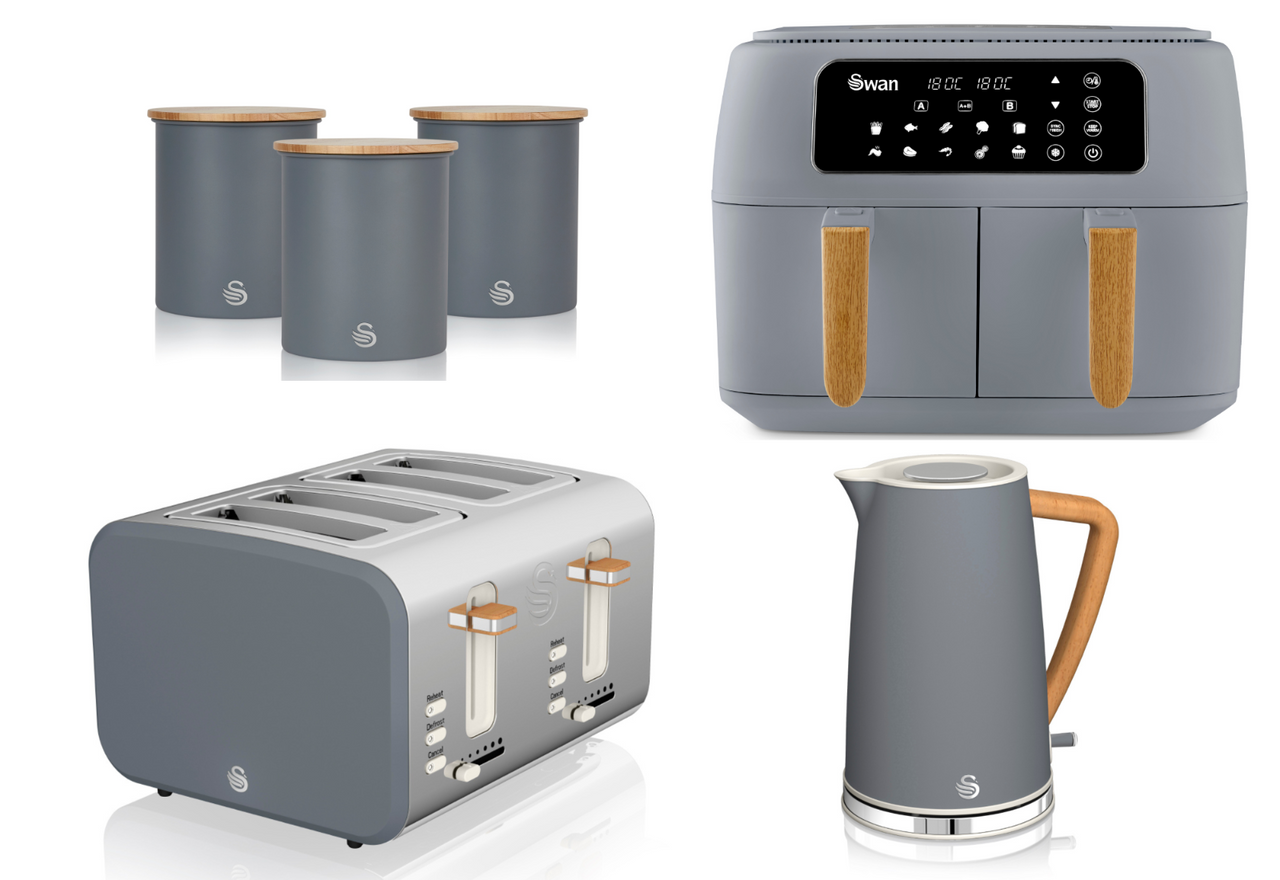 Swan Nordic Grey 1.7L Jug Kettle, 4 Slice Toaster, 8L Dual Basket Air Fryer & Canisters Set