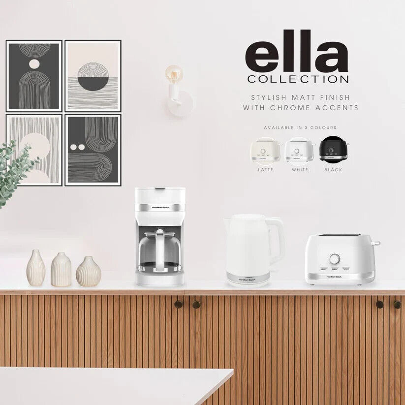 Hamilton Beach Ella 1.7L Kettle, 2 Slice Toaster & 1.5L Filter Coffee Machine Modern Matching Set in Matte White