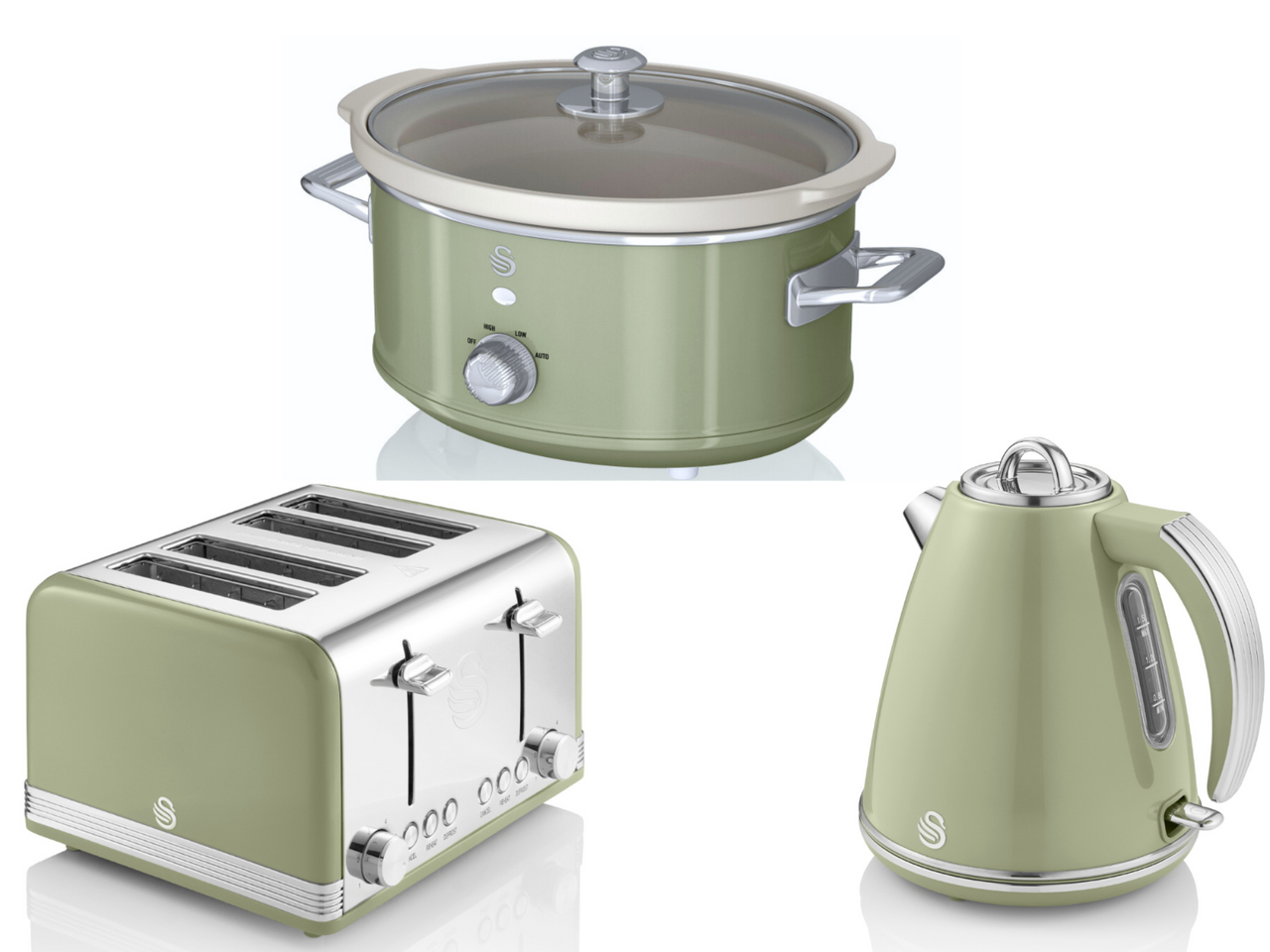 SWAN Retro Green 1.5L 3KW Jug Kettle, 4 Slice Toaster & 3.5L Slow Cooker Kitchen Set