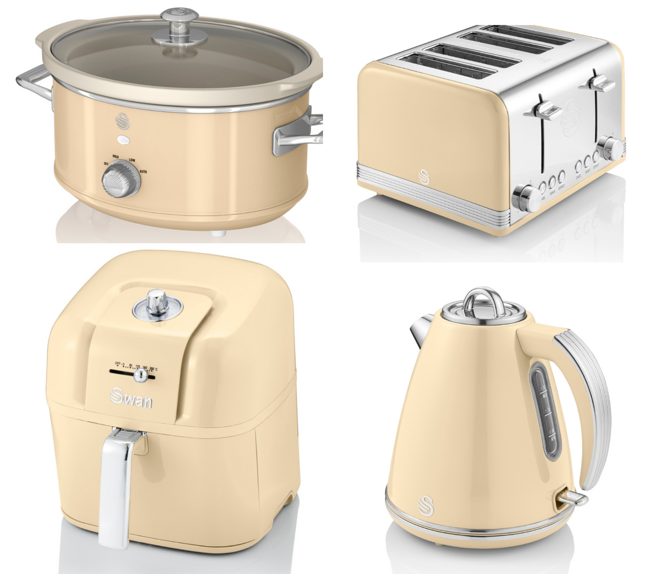 Swan Retro Cream Kettle, 4 Slice Toaster 6L Digital Air Fryer & Slow Cooker Set