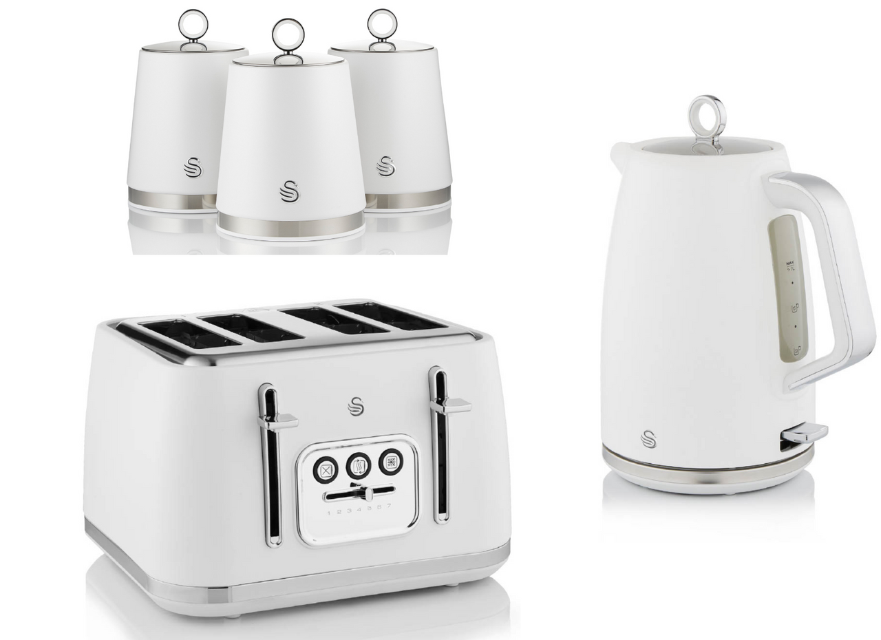 Swan Serenity White 1.7L 3KW Kettle, 4 Slice Toaster & Canisters. Matching Swan Kitchen Set of 5 in White