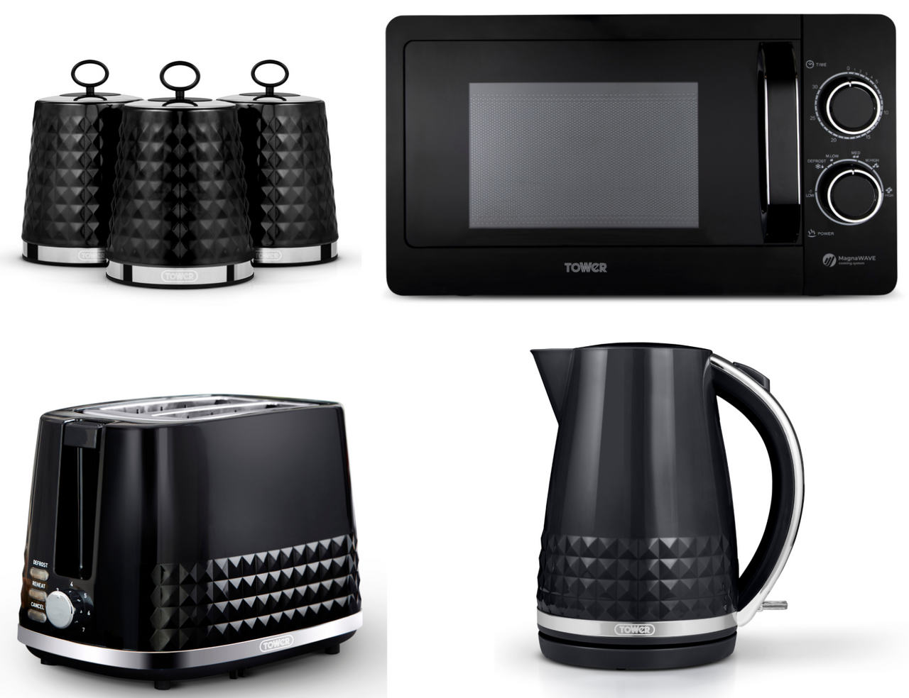 Tower Solitaire Black 1.5L 3KW Kettle, 2 Slice Toaster, 800W 20L Manual Microwave T24042BLK & Tea, Coffee & Sugar Canisters Matching Set of 6