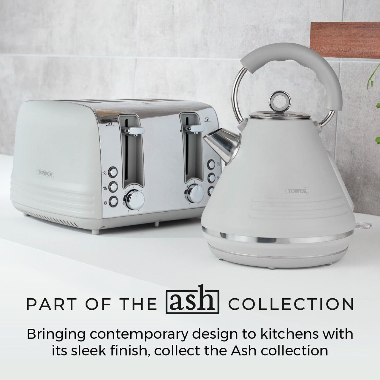 Tower Ash Grey 1.7L 3KW Pyramid Kettle, 4 Slice Toaster & Renaissance 20L 800W Digital Microwave Set