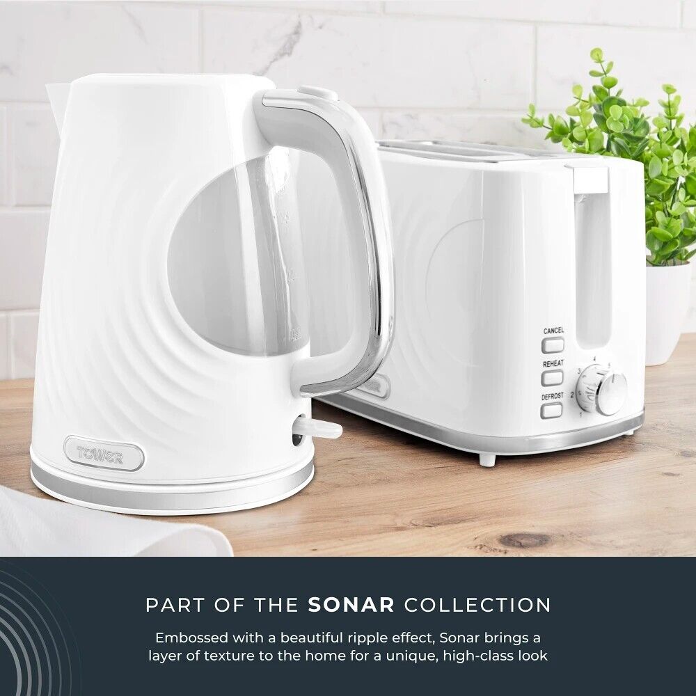 Tower Sonar White 1.7L 3KW Kettle & 2 Slice Toaster Matching Set with Chrome Accents & Stylish Ripple Design