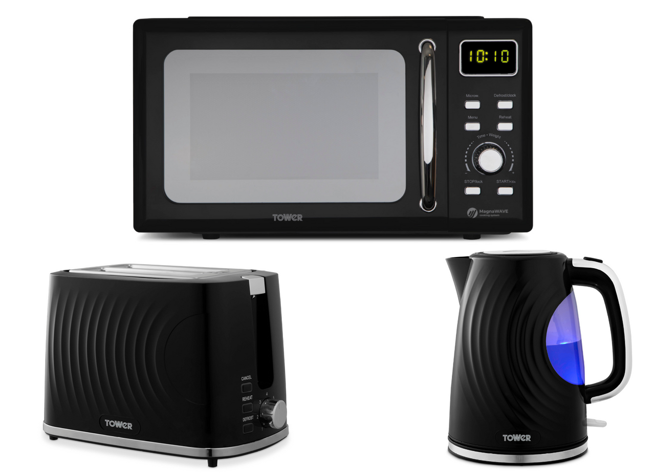 Tower Sonar Black 1.7L 3KW Kettle, 2 Slice Toaster & 800W 20L Digital Microwave Matching Set