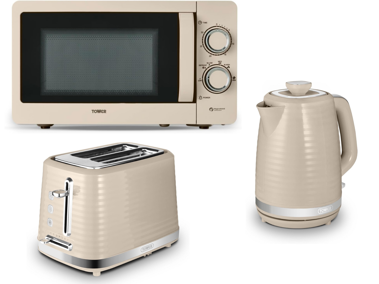 Tower Saturn 1.7L 3KW Kettle, 2 Slice Toaster & 800W 20L Microwave Matching Set in Latte with Chrome Accents