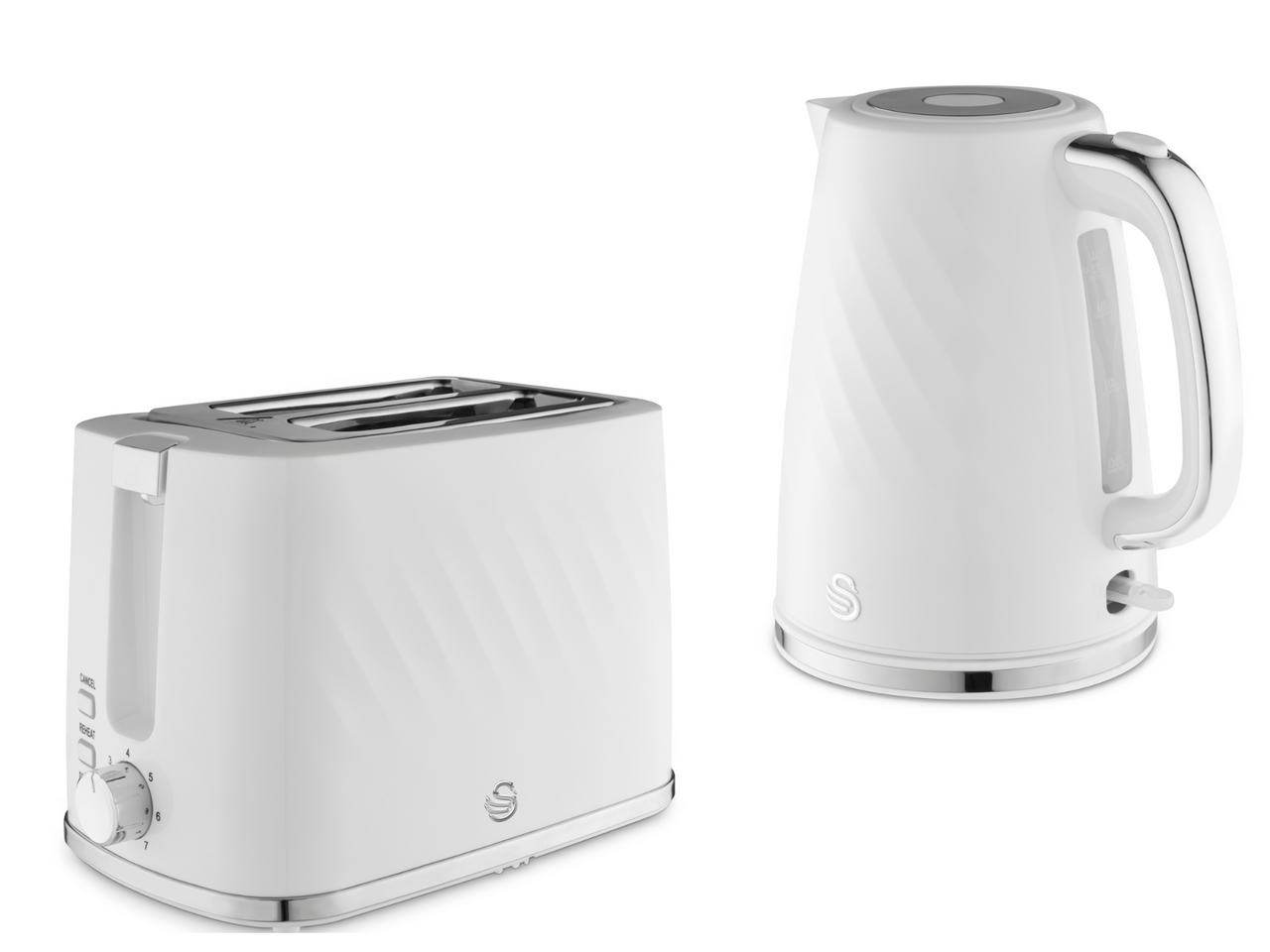 Swan Windsor White 1.7L 3KW Kettle & 2 Slice Toaster Matching Set with Textured Finish & Chrome Accents