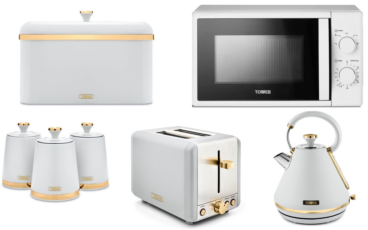 Tower Cavaletto White 1.7L 3KW Pyramid Kettle, 2 Slice Toaster, 20L 800W Microwave, Bread Bin & Canisters. Matching Set of 7