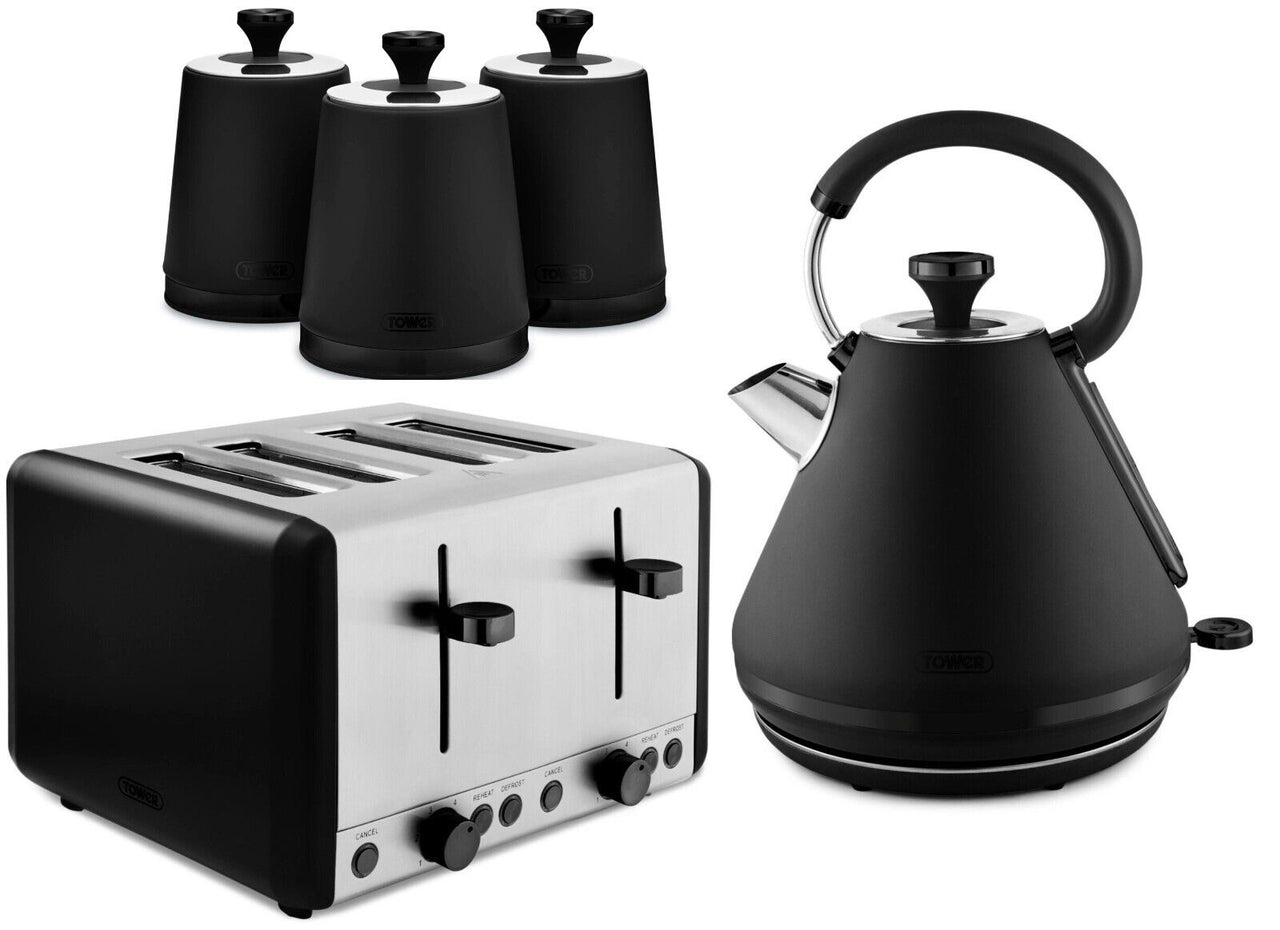 Tower Sera 1.7L Kettle, 4 Slice Toaster & Tea, Coffee, Sugar Canisters Matching Kitchen Set Of 5 in Black