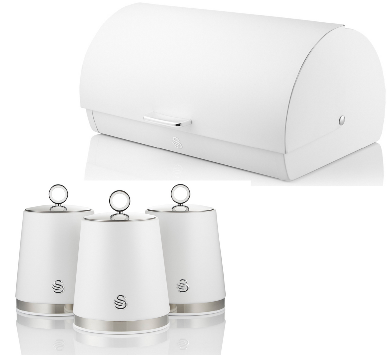 Swan Serenity Bread Bin & Tea, Coffee, Sugar Canisters in White with Polished Stainless Steel Accents