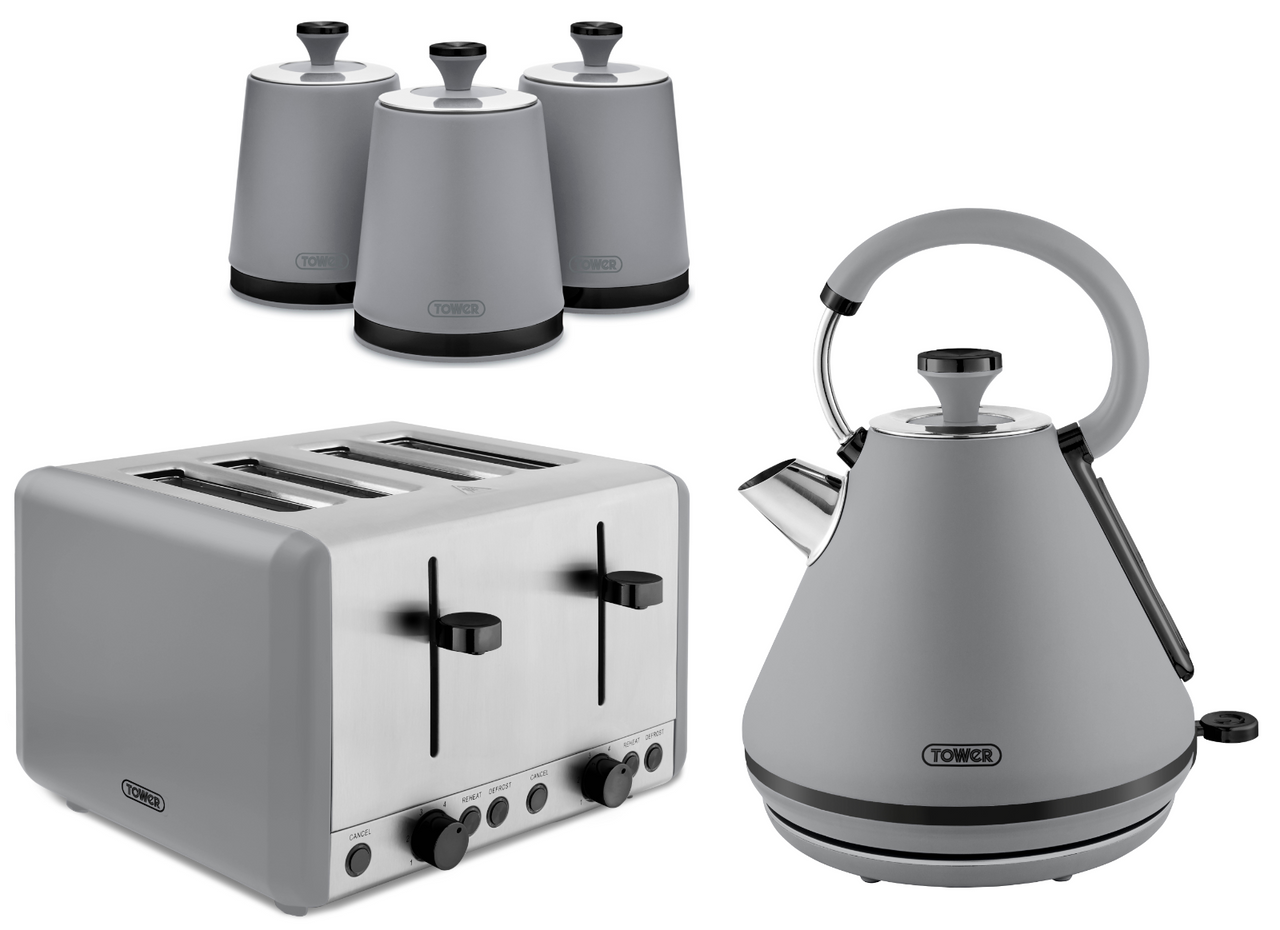 Tower Sera Grey 1.7L 3KW Pyramid Kettle, 4 Slice Toaster & Canisters Matching Kitchen Set