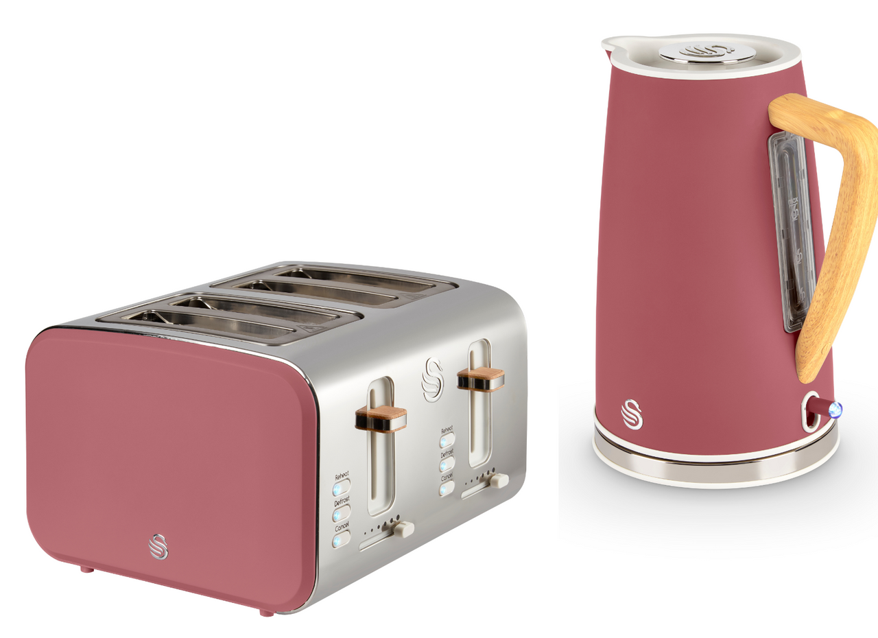 Swan Nordic 1.7L 3KW Kettle & 4 Slice Toaster in Fuchsia Rose. Scandinavian Minimalist Design Matching Kitchen Set