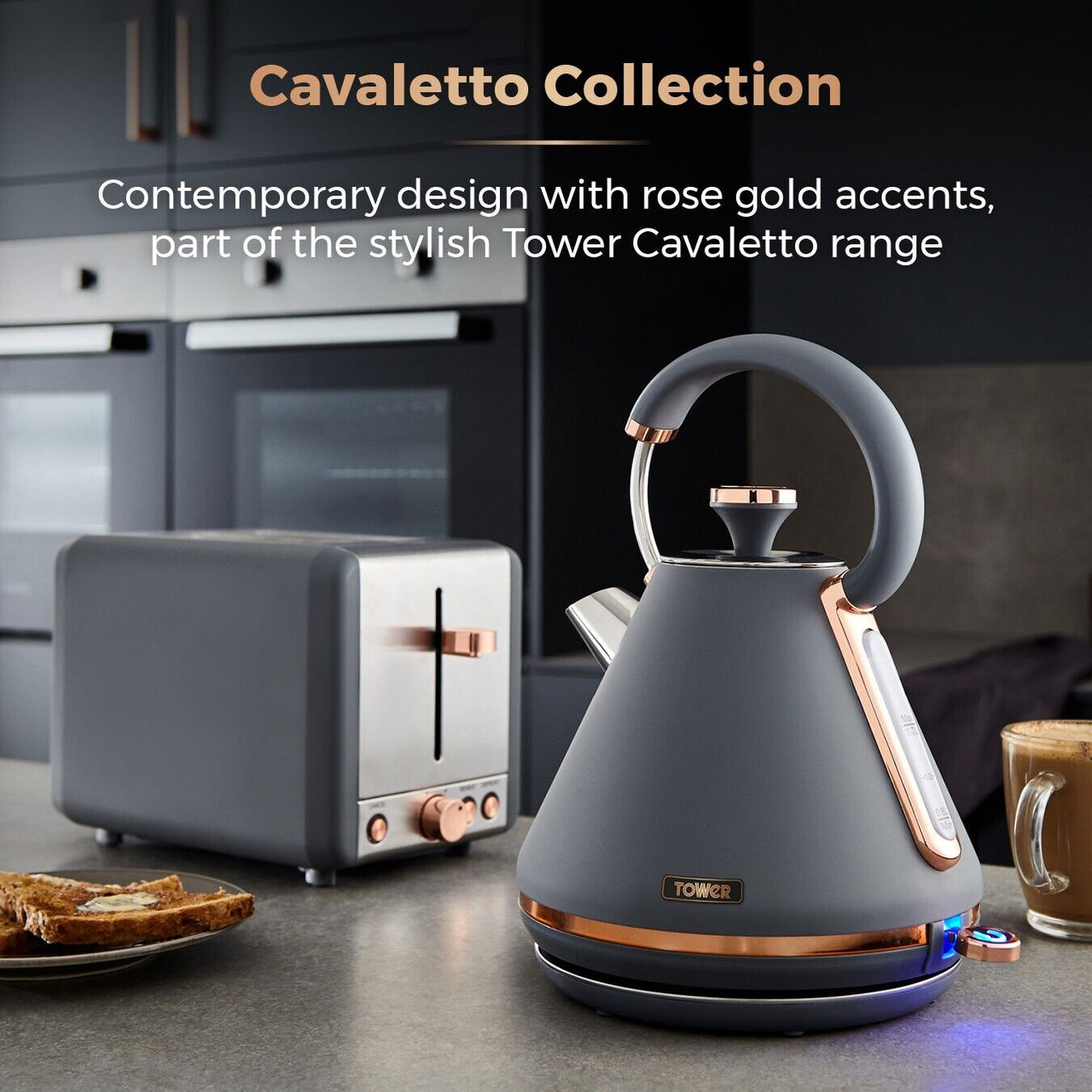 Tower Cavaletto Grey 1.7L 3KW Pyramid Kettle, 2 Slice Toaster, 800W 20L Microwave & Canisters Matching Set