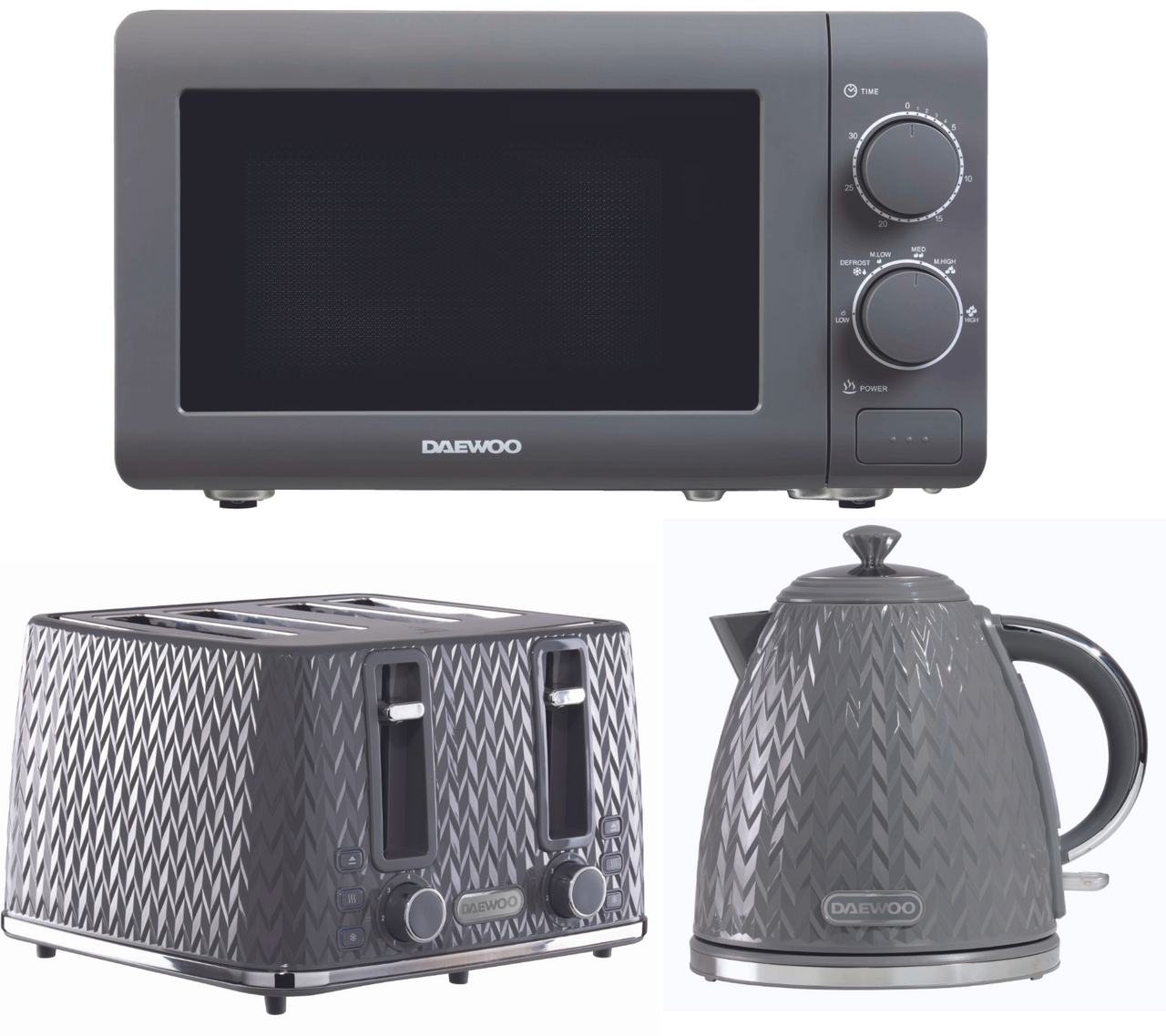 Daewoo Argyle Grey 1.7L 3KW Kettle, 4 Slice Toaster & 800W 20L Microwave Matching Kitchen Set