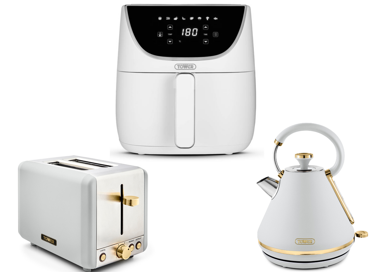 Tower Cavaletto White 1.7L 3KW Pyramid Kettle, 2 Slice Toaster & 6L Vortx Air Fryer. Contemporary Matching Kitchen Set