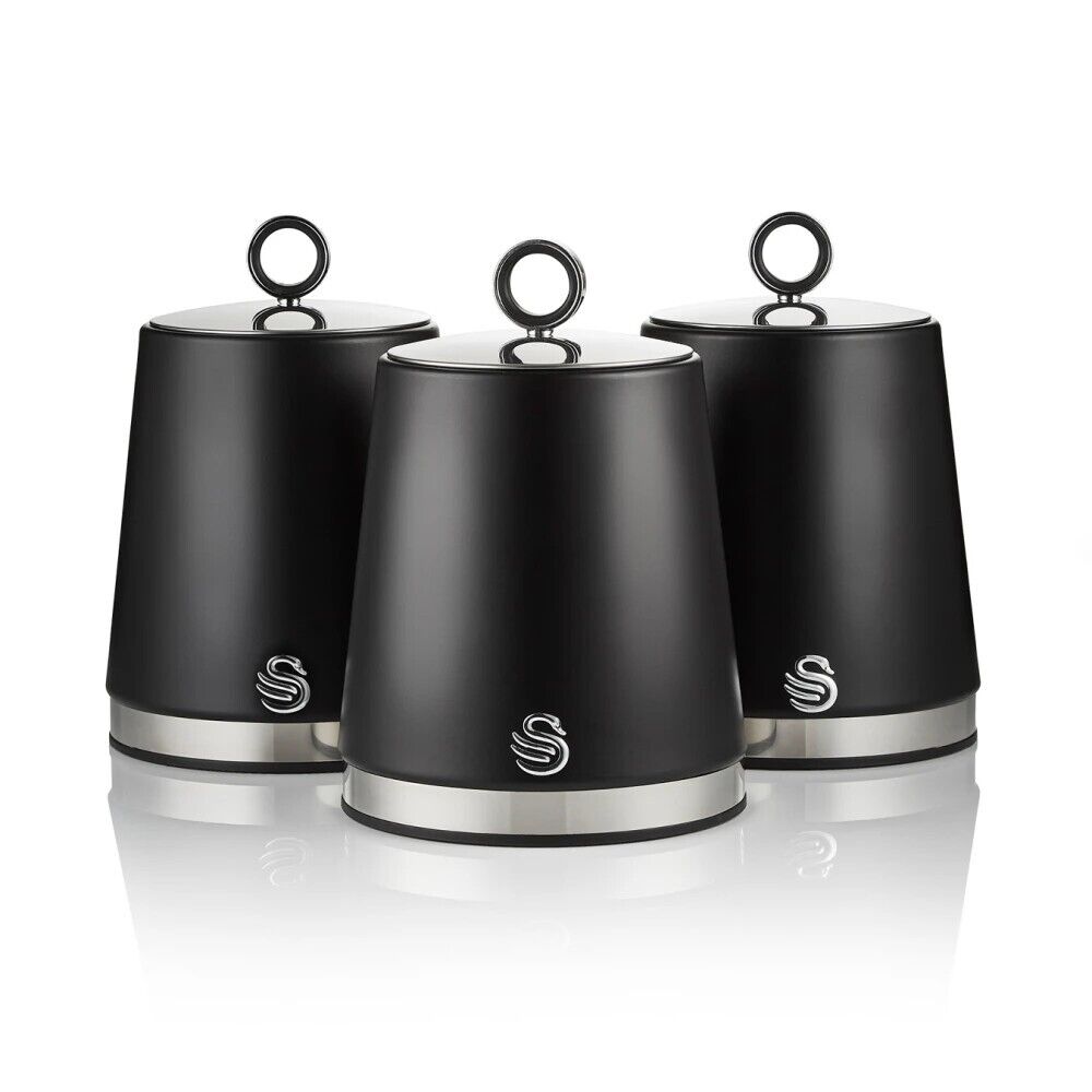 Swan Serenity Black Tea Coffee Sugar Canisters Set Polished Steel Accents