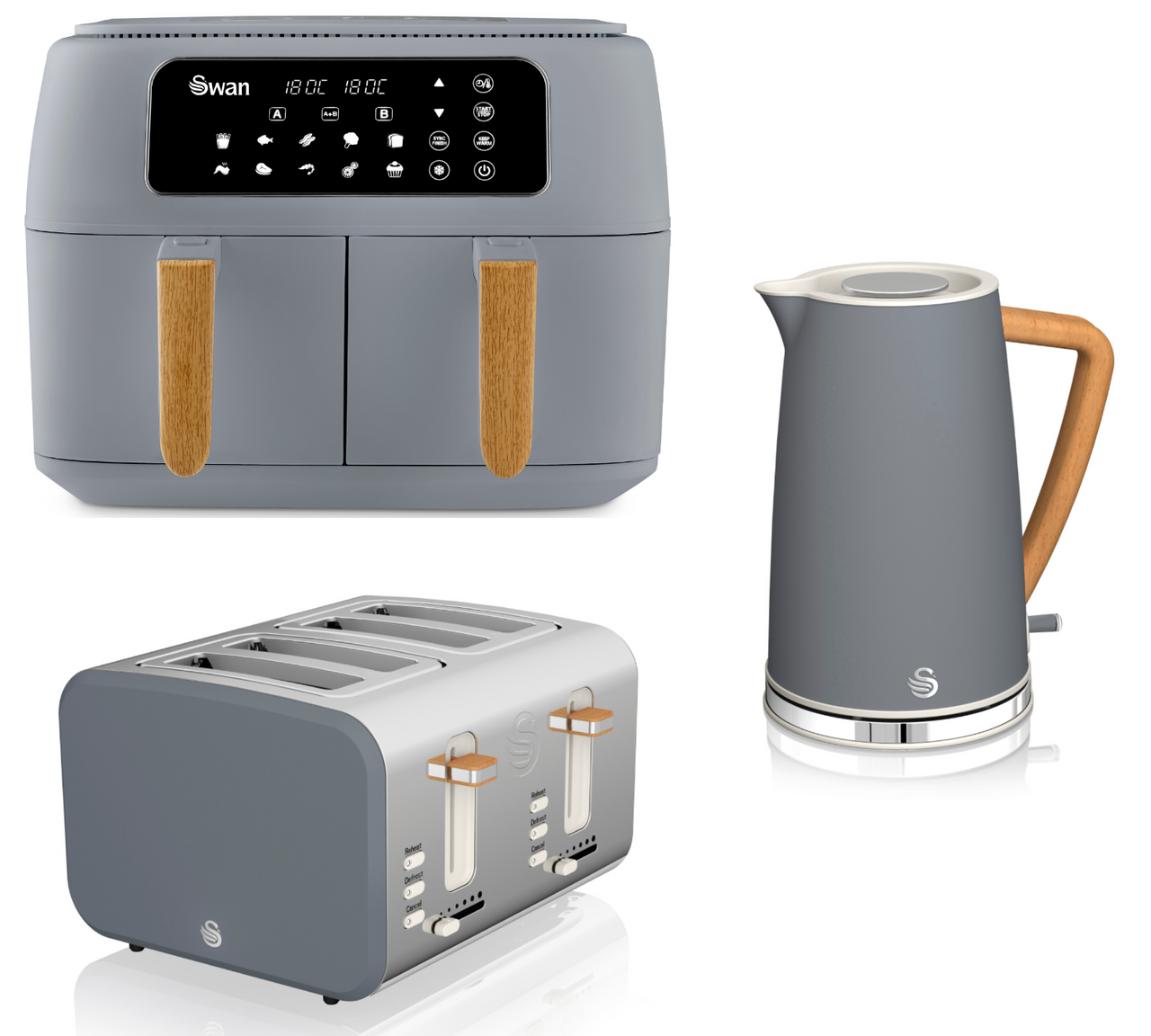 Swan Nordic Grey 1.7L Jug Kettle, 4 Slice Toaster & 8L Dual Basket 13-in-1 Air Fryer Matching Set