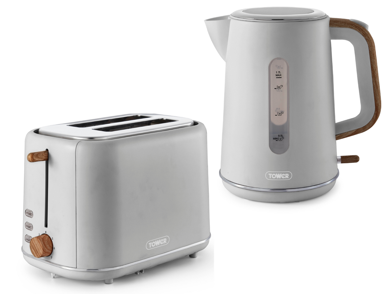 Tower Scandi 3KW 1.7L Kettle & 2 Slice Toaster in Dove Grey with Wooden Accents. Contemporary Matching Kettle & Toaster Set