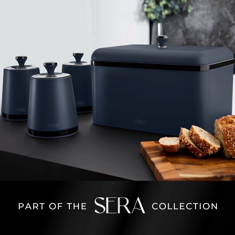 Tower Sera Breadbin & Set of 3 Canisters Matching Kitchen Storage Set in Midnight Blue with Black Smoked Trim