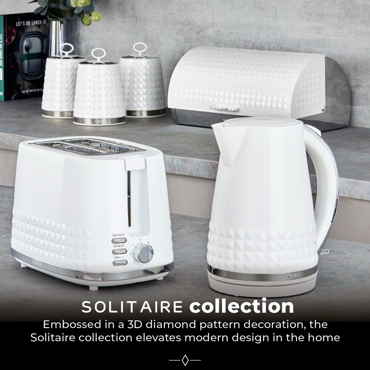 Tower Solitaire White 1.5L 3KW Kettle, 2 Slice Toaster, 800W 20L Digital Microwave  T24041WHT, Bread Bin & Canisters Matching Kitchen Set of 7