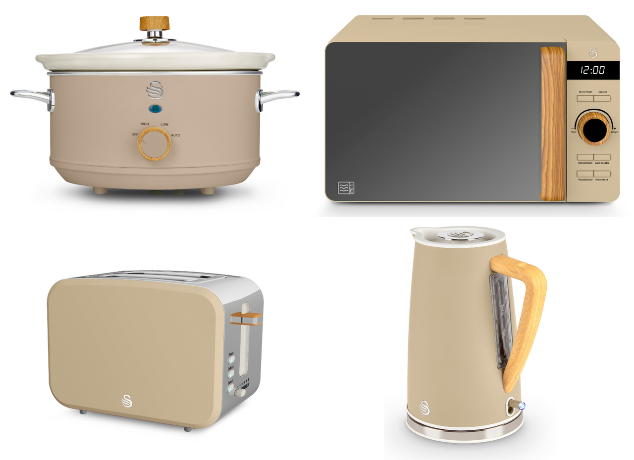 Swan Nordic 1.7L 3KW Kettle, 4 Slice Toaster, 800W 20L Microwave & 3.5L Slow Cooker in Oatmeal Colour Matching Set