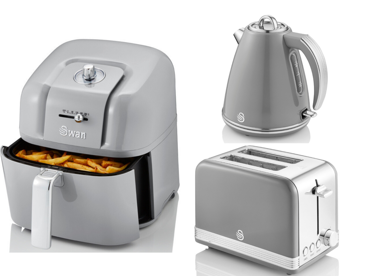 Swan Retro Grey 1.5L 3KW Jug Kettle, 2 Slice Toaster & 6L Manual Air Fryer Matching Kitchen Set