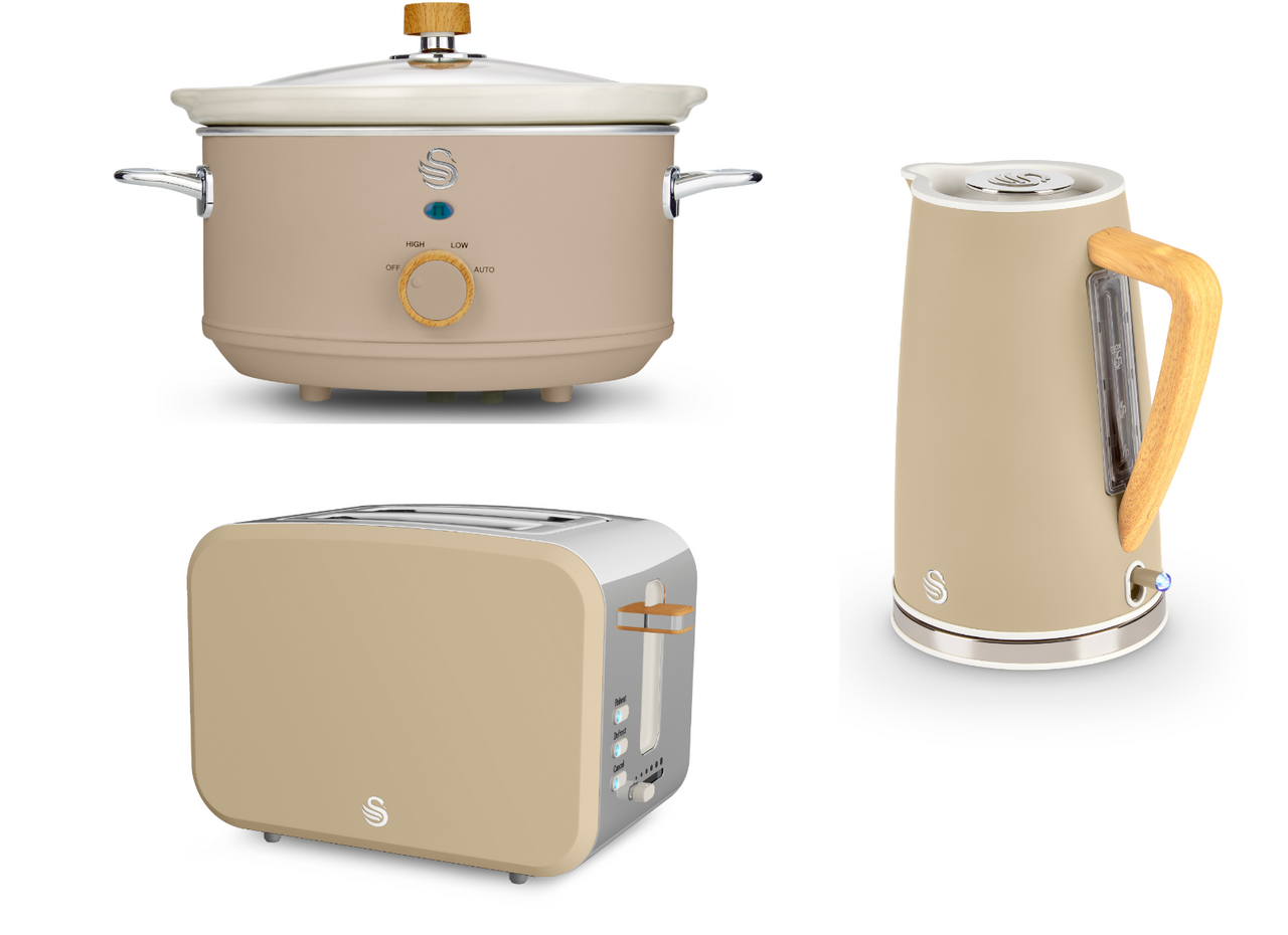 Swan Nordic Oatmeal 1.7L 3KW Kettle, 2 Slice Toaster & 3.5L Slow Cooker Matching Set