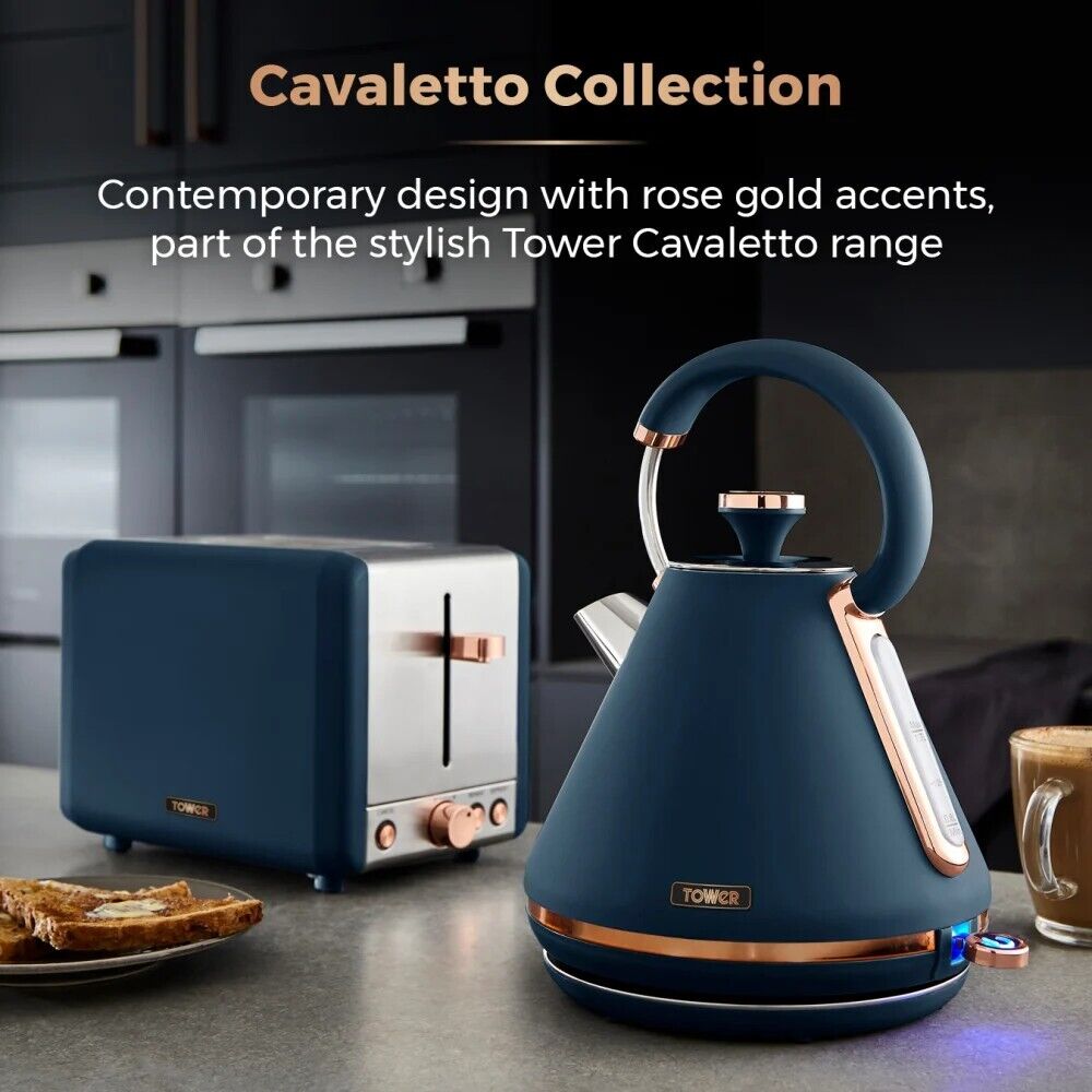 Tower Cavaletto Midnight Blue & Rose Gold Pyramid Kettle, 2 Slice Toaster, 800W 20L Microwave, Bread Bin & Canisters Matching Set