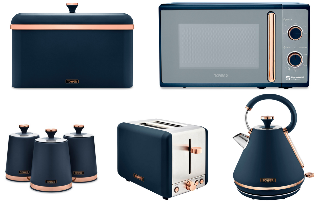 Tower Cavaletto Midnight Blue & Rose Gold Pyramid Kettle, 2 Slice Toaster, 800W 20L Microwave, Bread Bin & Canisters Matching Set